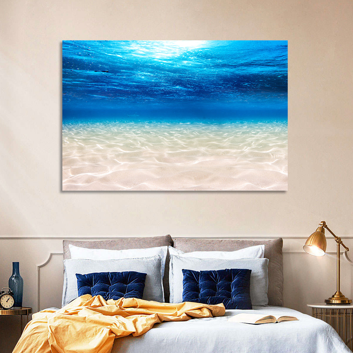 Sunlit Sandy Seabed Wall Art in a room, landscape