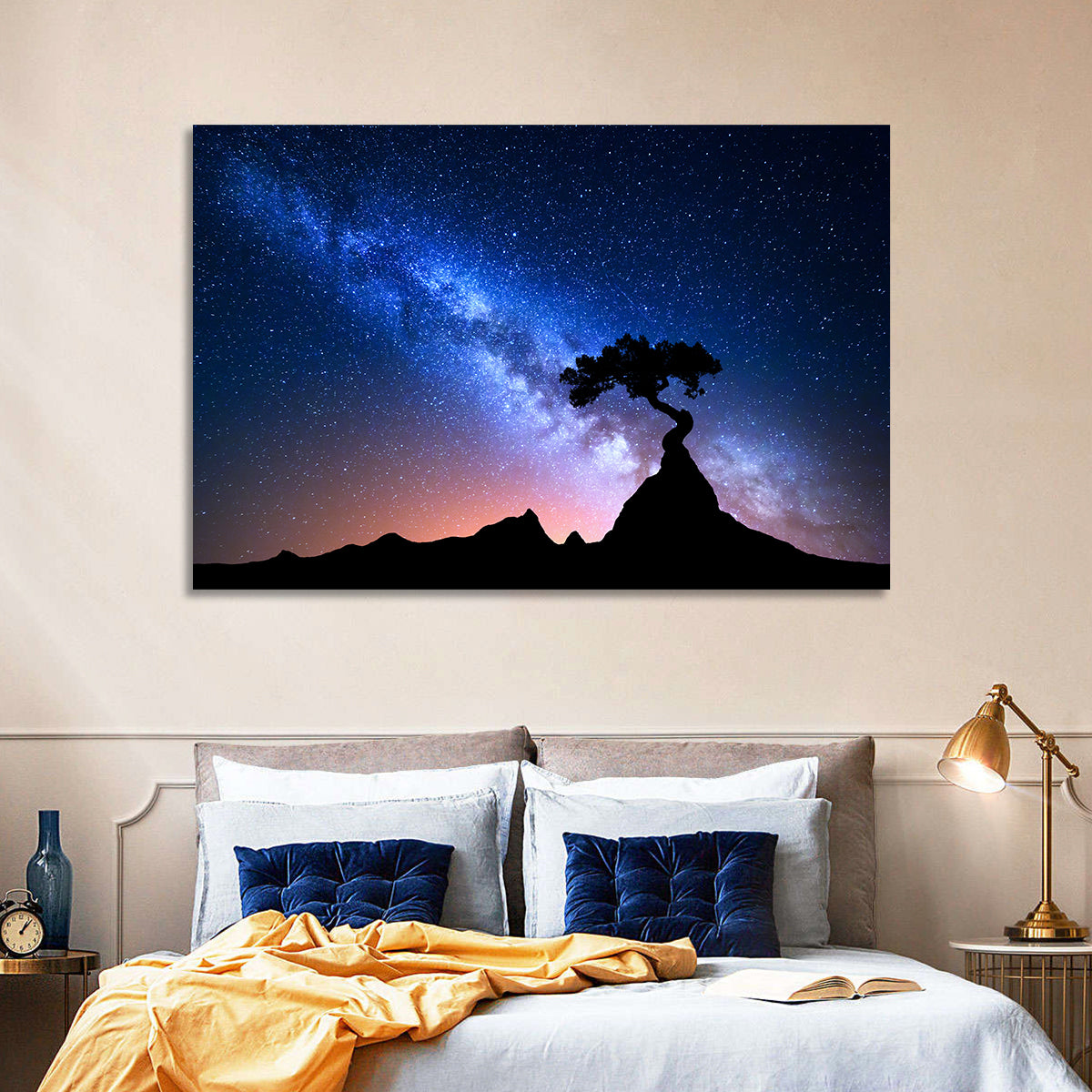 Milky Way Over Mountain Ridge Wall Art in a room, landscape