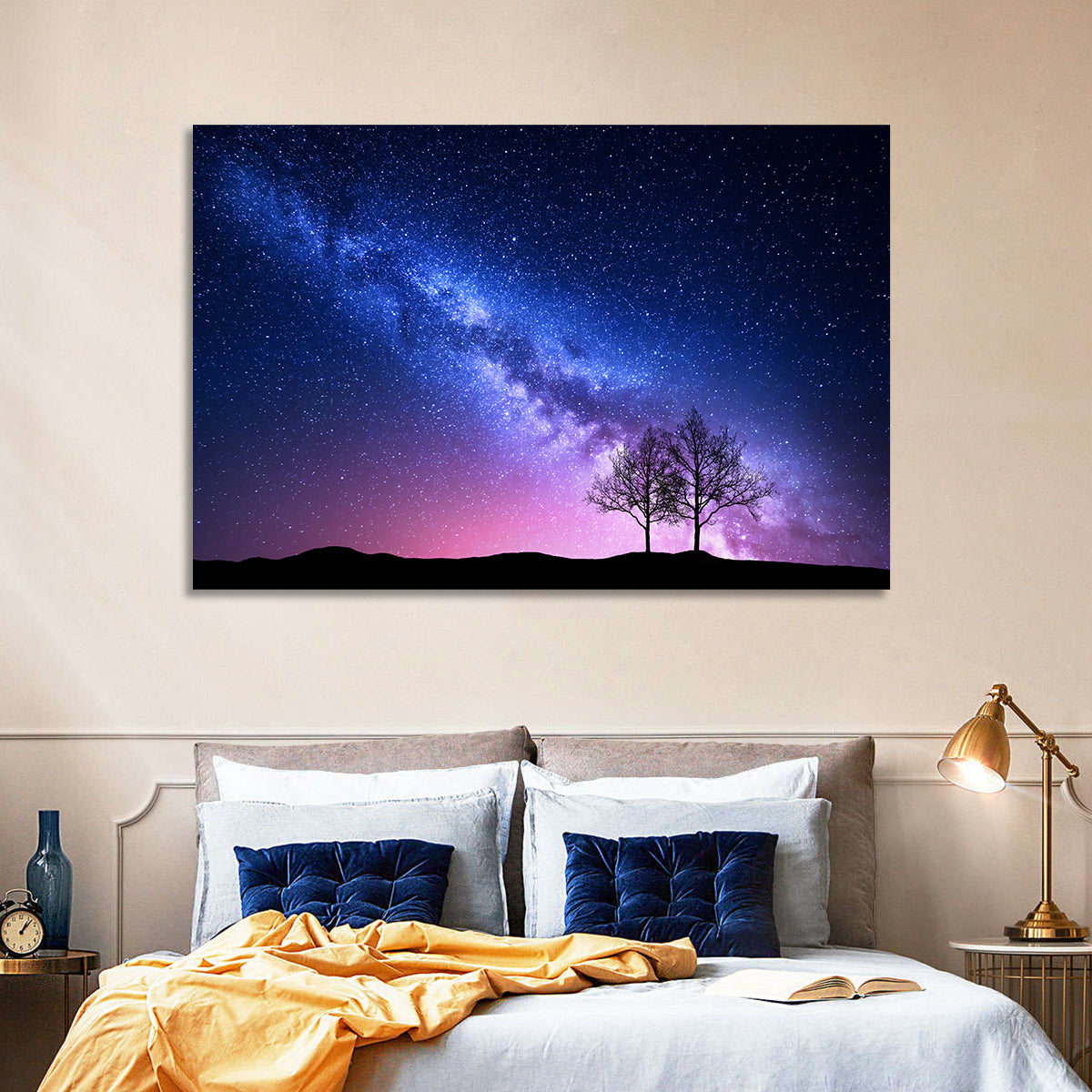 Milky Way Nebula Sky with Silhouetted Trees Wall Art in a room, landscape
