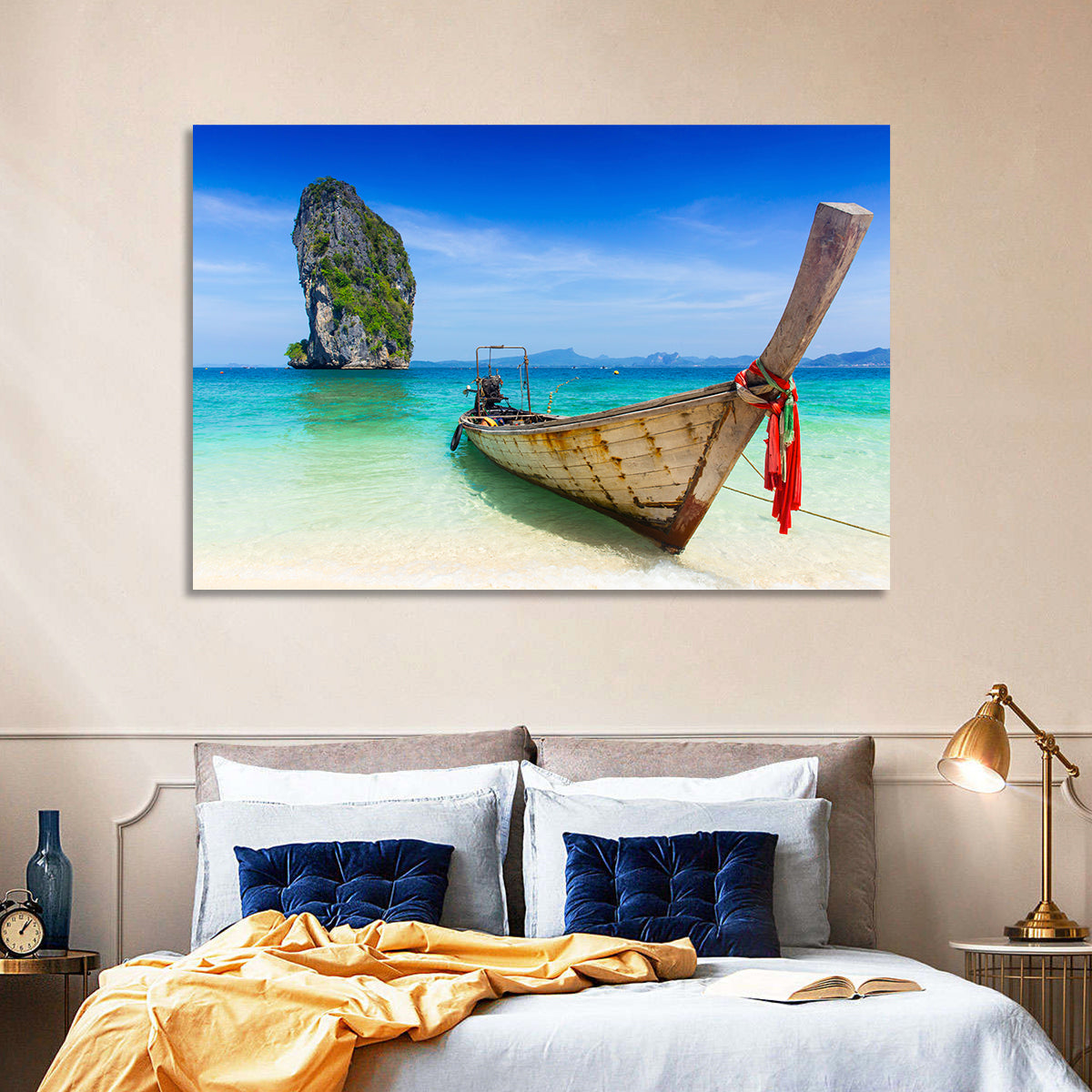 Krabi Longtail Boat Seascape Wall Art in a room, landscape