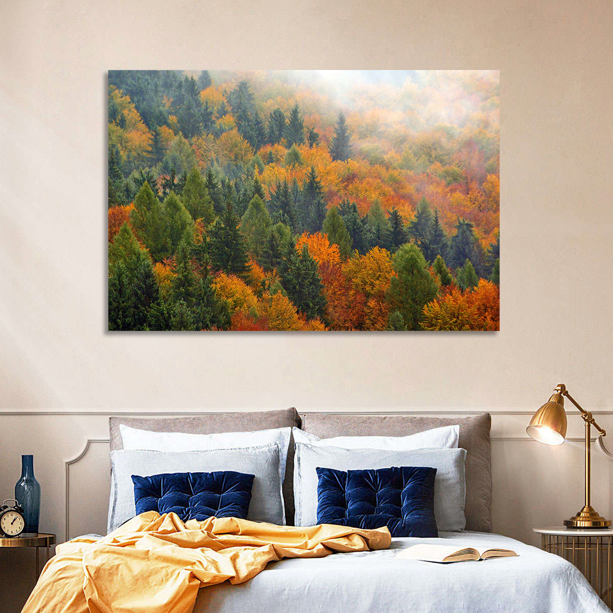 Misty Autumn Forestscape Wall Art in a room, landscape