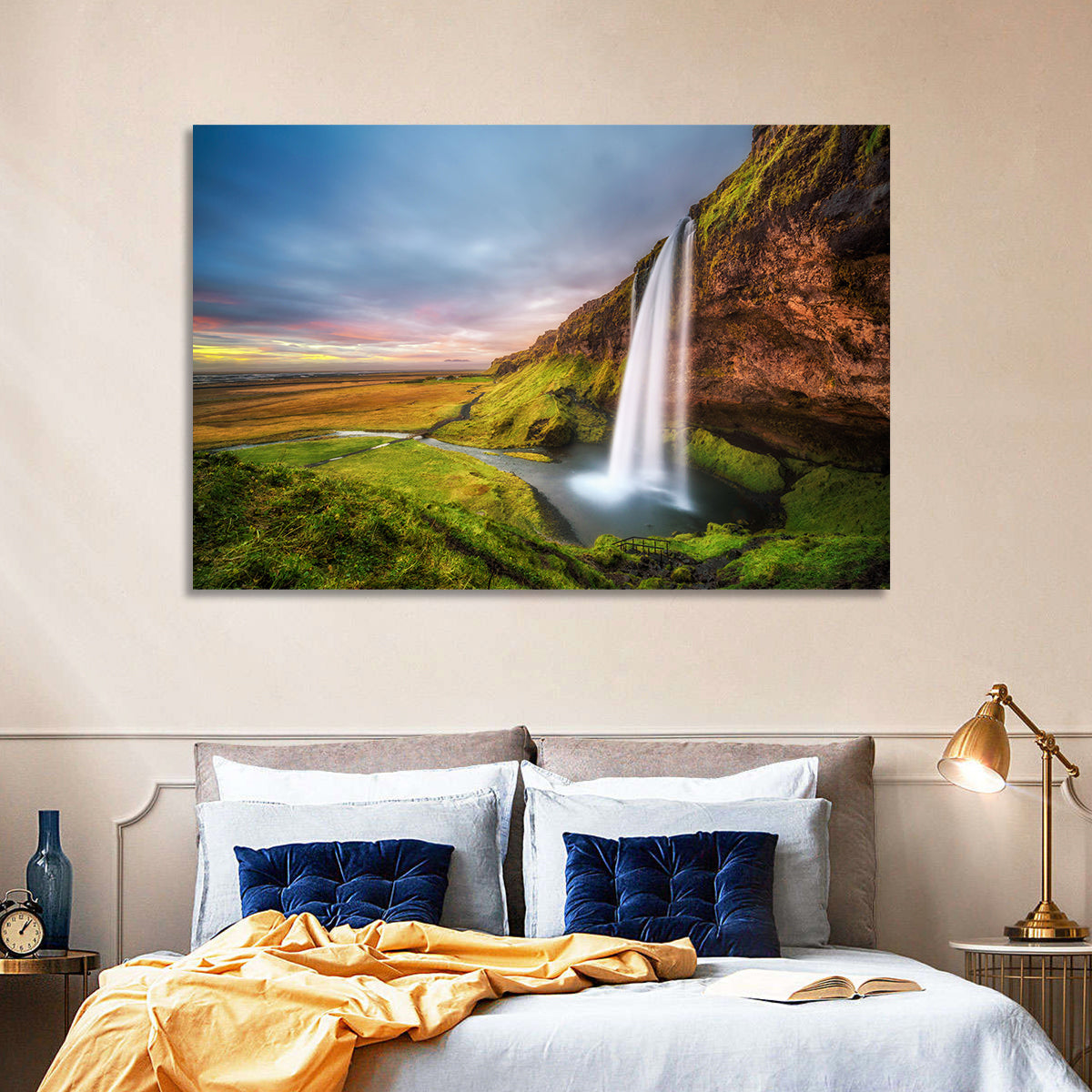 Seljalandsfoss Waterfall Wall Art in a room, landscape