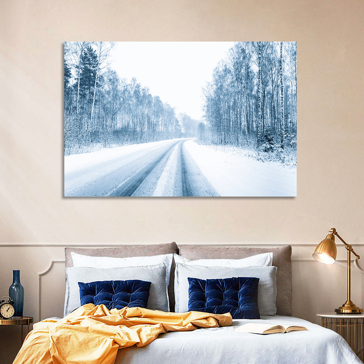 Tire Tracks on Snowy Road Wall Art in a room, landscape