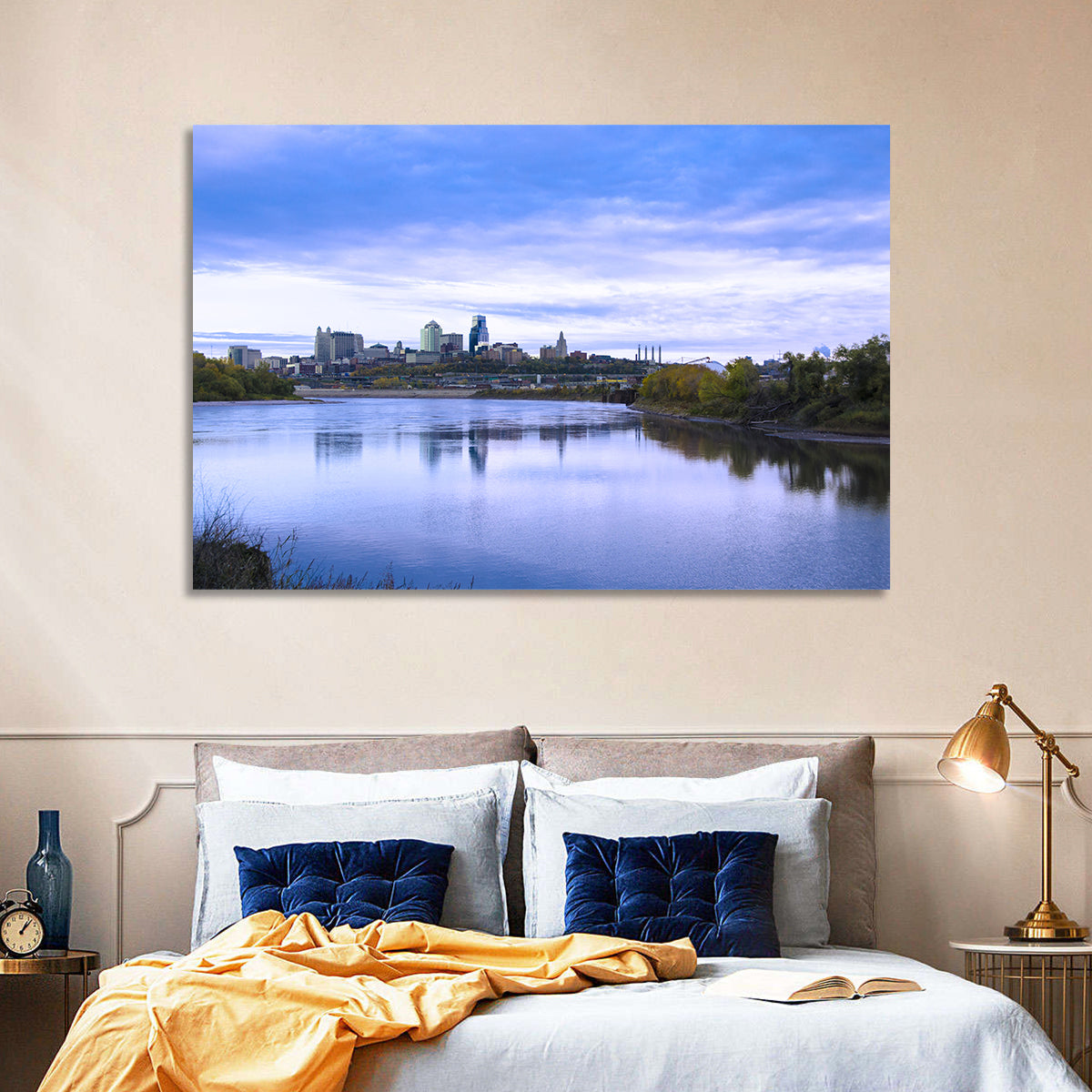 Kansas City Skyline at Dusk Wall Art in a room, landscape