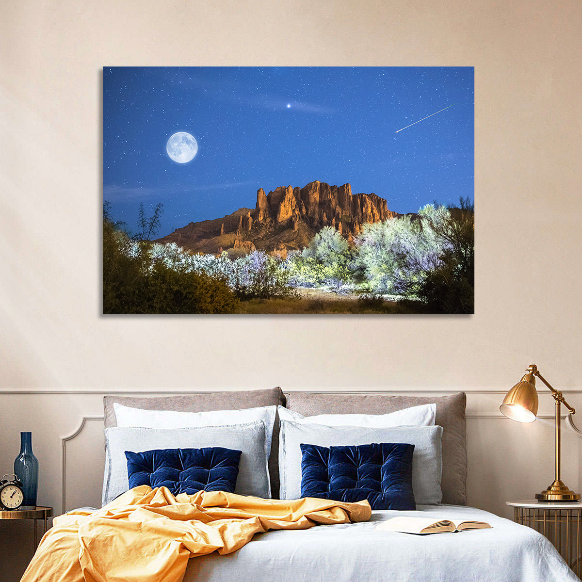 Moonlit Superstition Mountains Arizona Wall Art in a room, landscape
