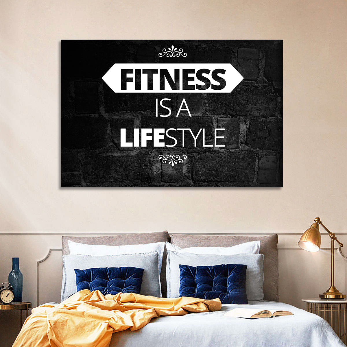 Fitness Is a Lifestyle Brick Quote Wall Art in a room, landscape