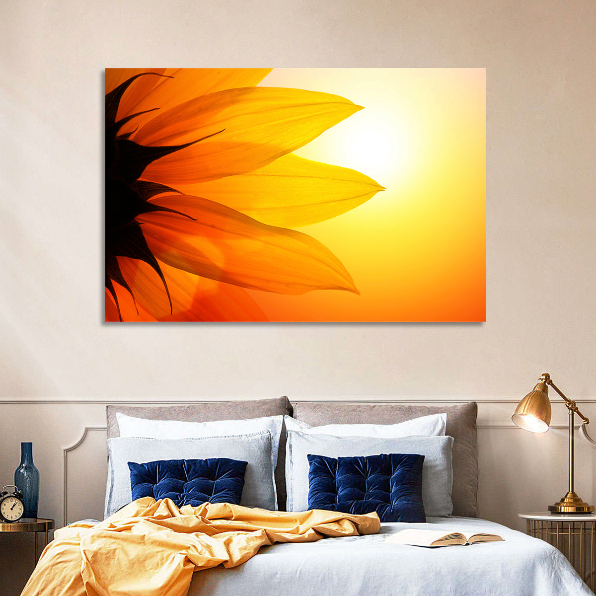 Backlit Sunflower Petals Wall Art in a room, landscape