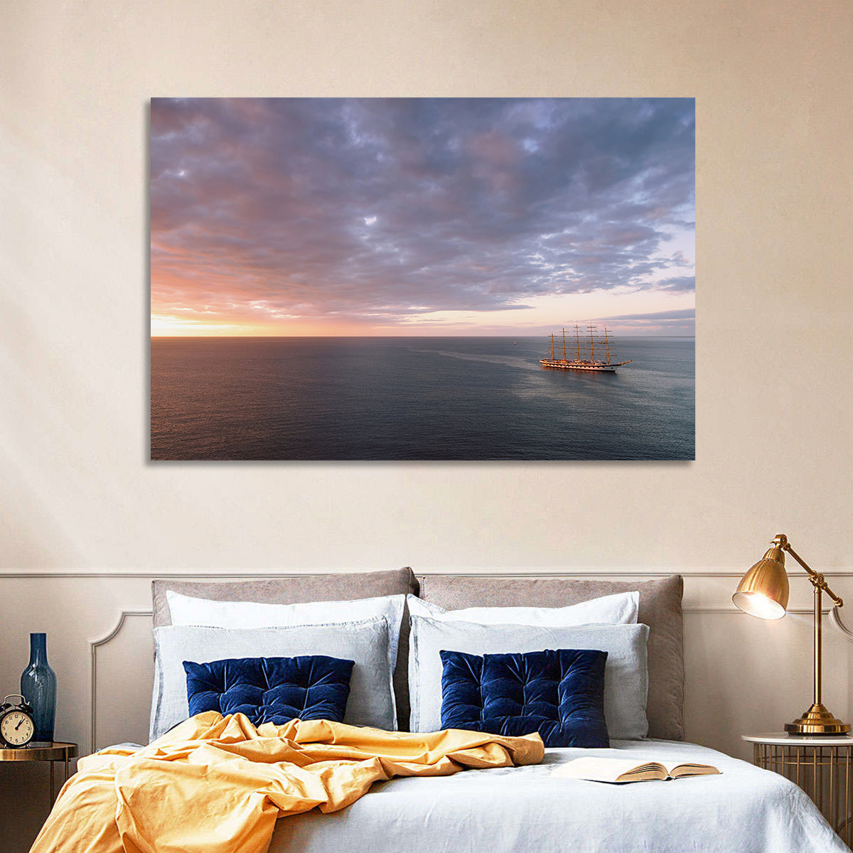 Sunlit Tall Ship at Sea Wall Art in a room, landscape