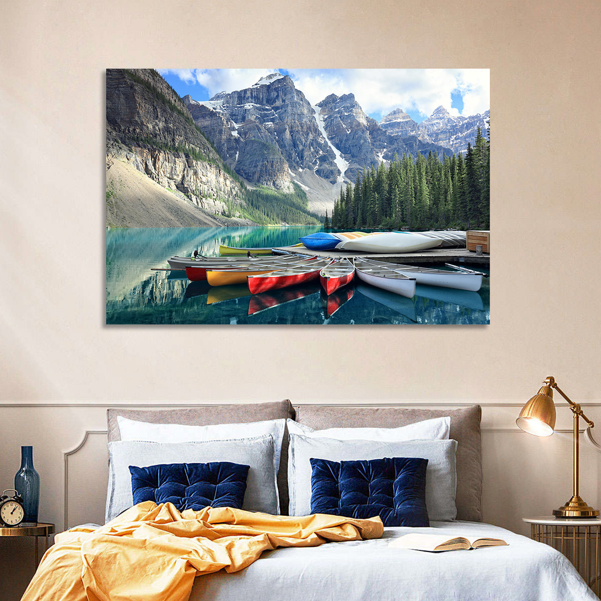 Moraine Lake Canoes at Lake Louise Wall Art
