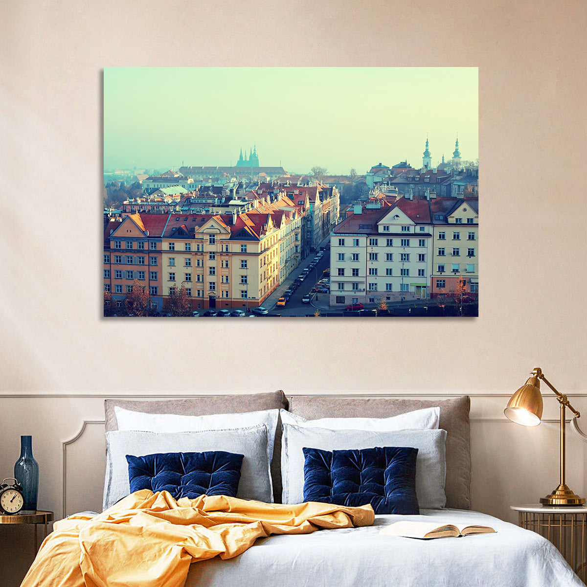 Prague Rooftops with St. Vitus Cathedral Wall Art in a room, landscape