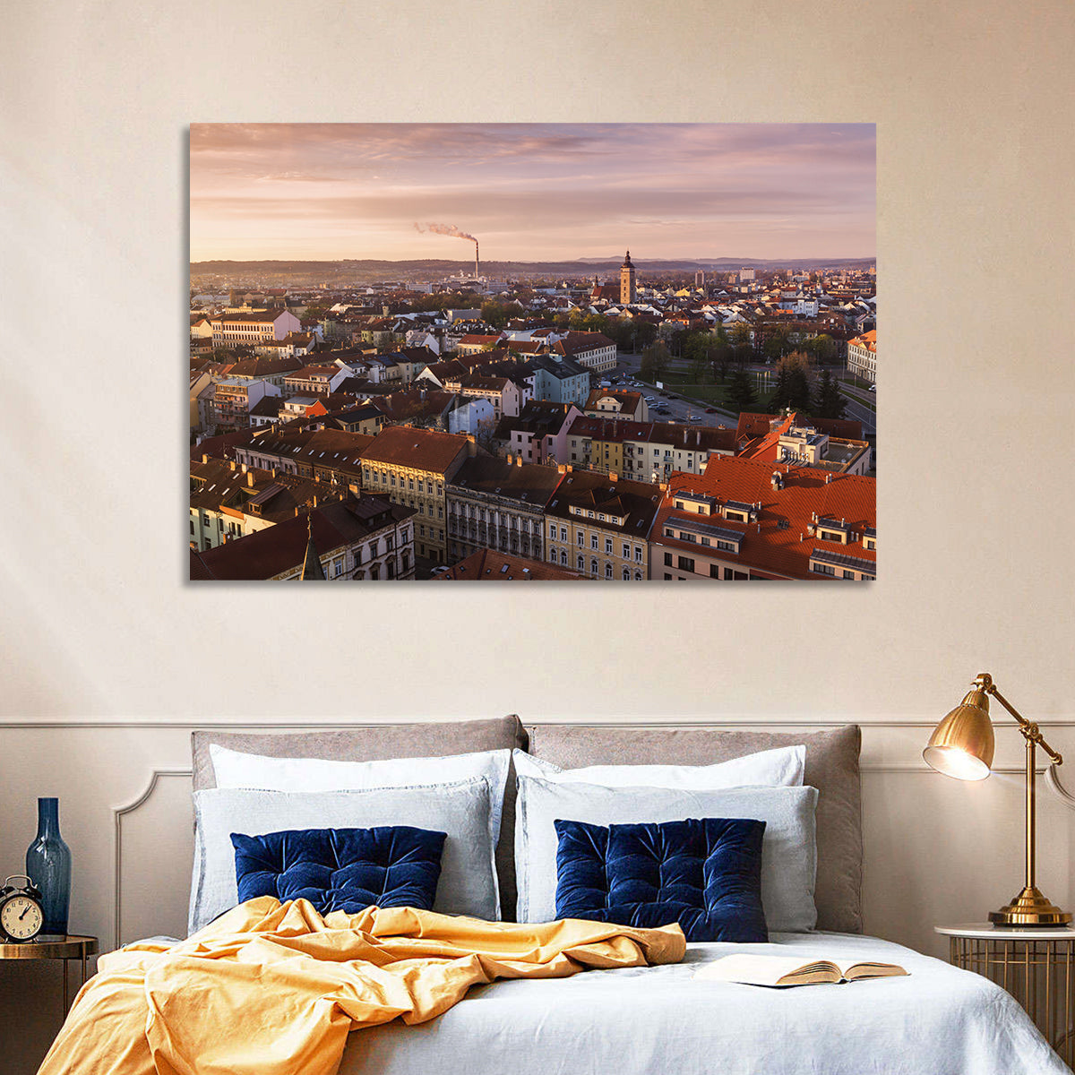 Red Tiled Rooftops at Golden Hour Wall Art in a room, landscape