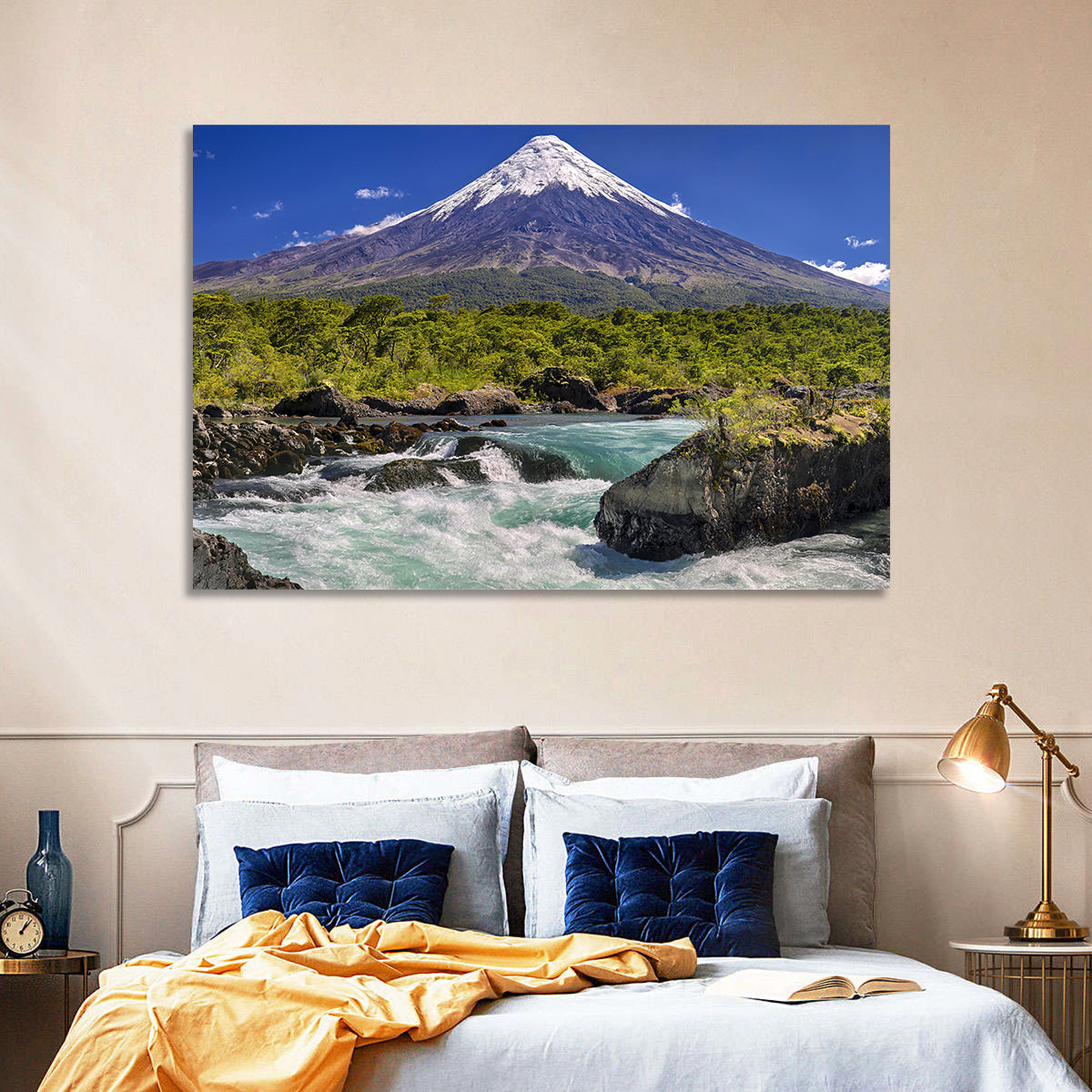 Osorno Volcano Over Petrohue Rapids Wall Art in a room, landscape
