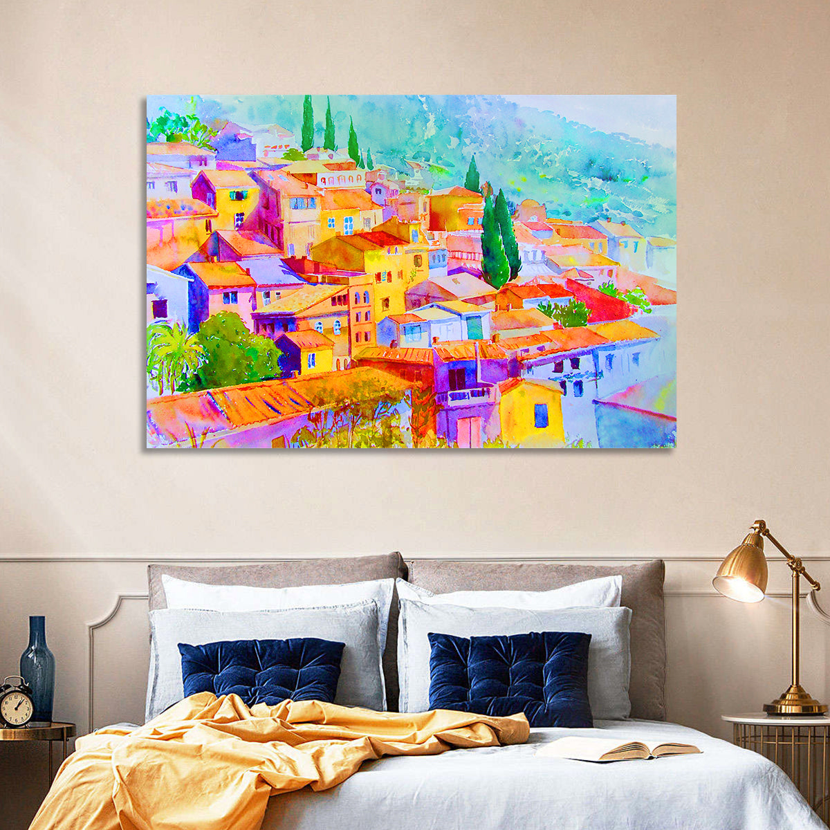 Mediterranean Hillside Watercolor Village Wall Art in a room, landscape