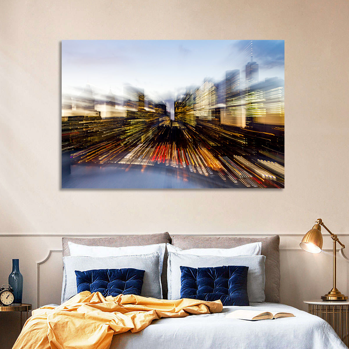 Zoom Burst Skyline Abstract Wall Art in a room, landscape