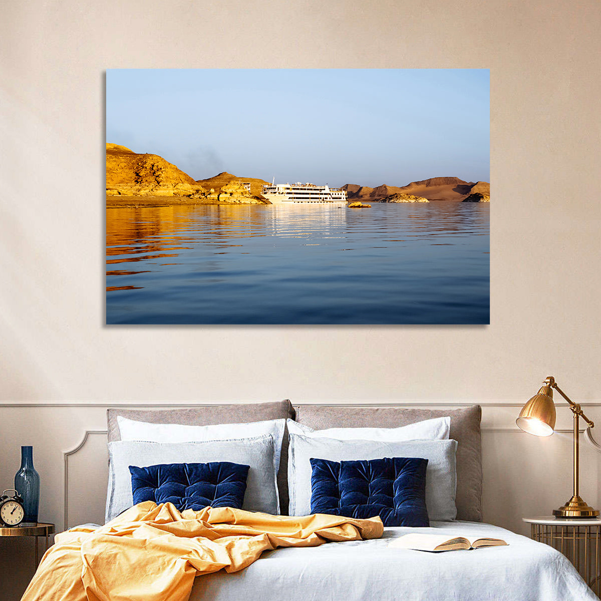 Lake Nasser Cruise Ship at Golden Hour Wall Art in a room, landscape