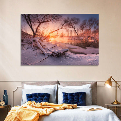 Sunset Over Snowy Forest Lake Wall Art