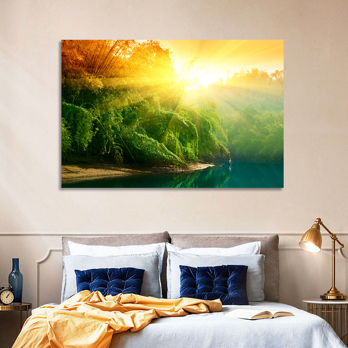 Golden Bamboo Riverbank Wall Art in a room, landscape