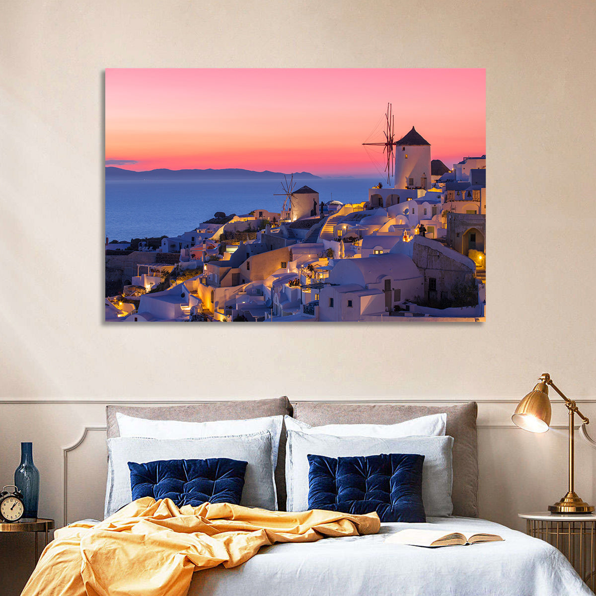Oia Windmills at Dusk Wall Art in a room, landscape