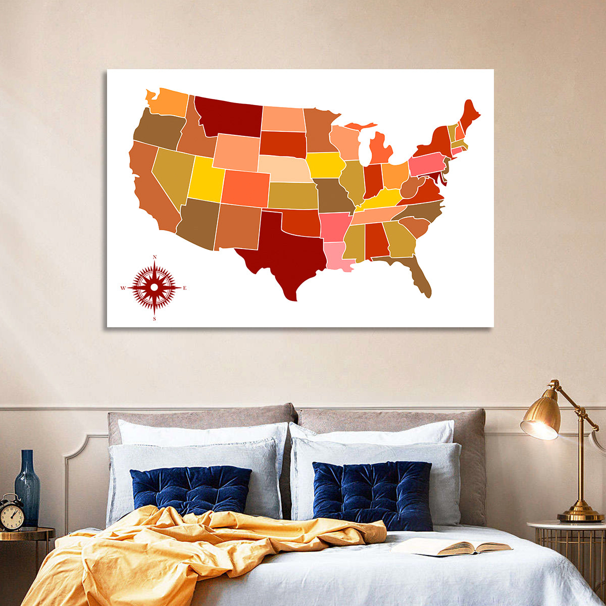 Stylized United States Map Wall Art in a room, landscape