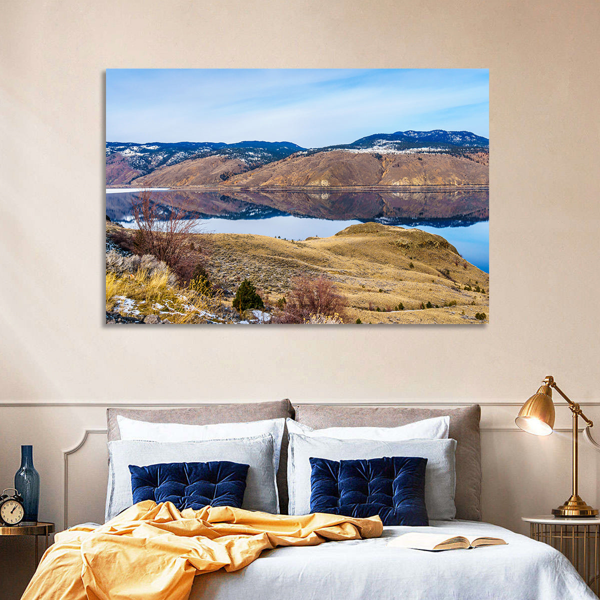 Kamloops Lake Mountain Reflection Wall Art in a room, landscape