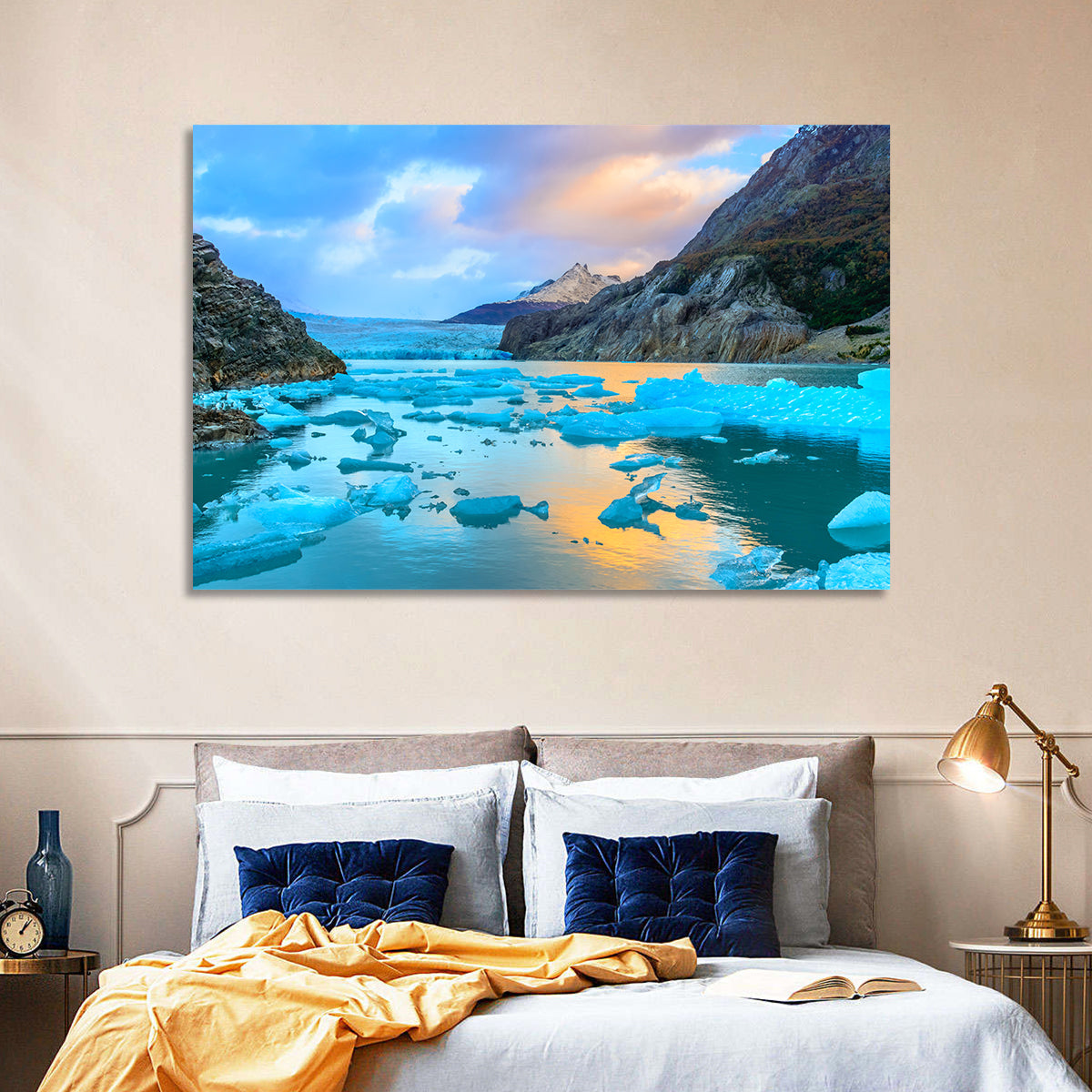 Grey Glacier at Sunset Wall Art in a room, landscape
