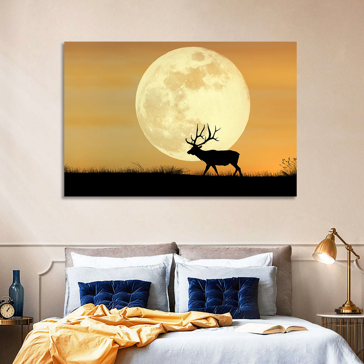 Bull Elk Silhouette Under Supermoon Wall Art in a room, landscape