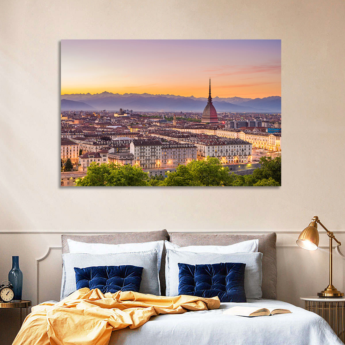 Turin Skyline at Golden Dusk Wall Art in a room, landscape