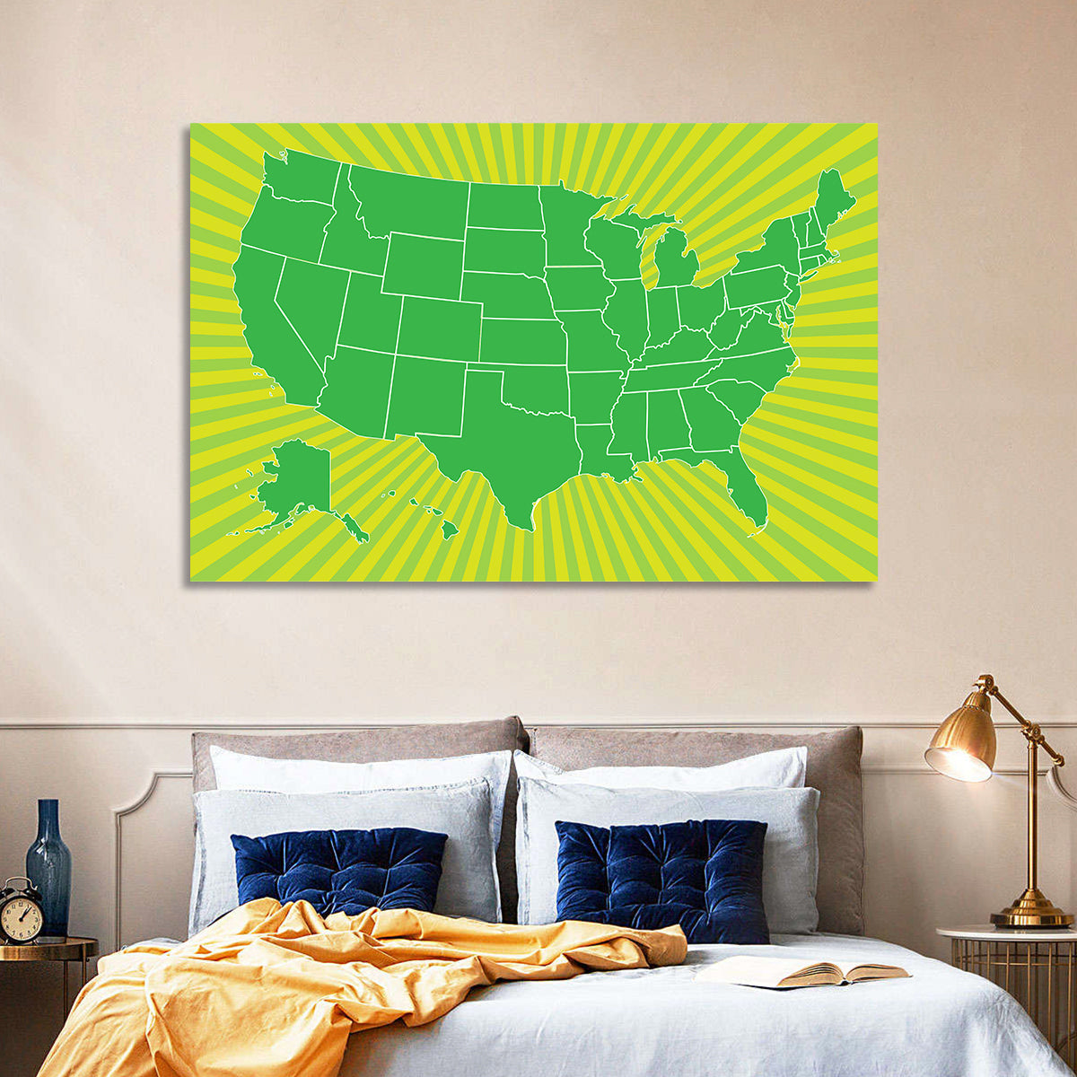 Green Sunburst USA Map Wall Art in a room, landscape