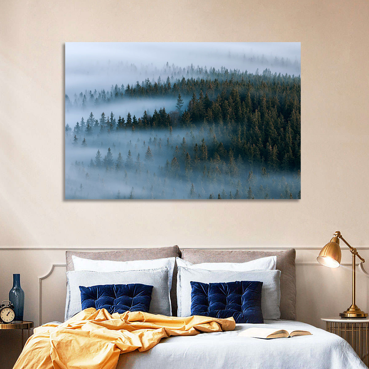 Morning Mist Over Pine Valley Wall Art in a room, landscape