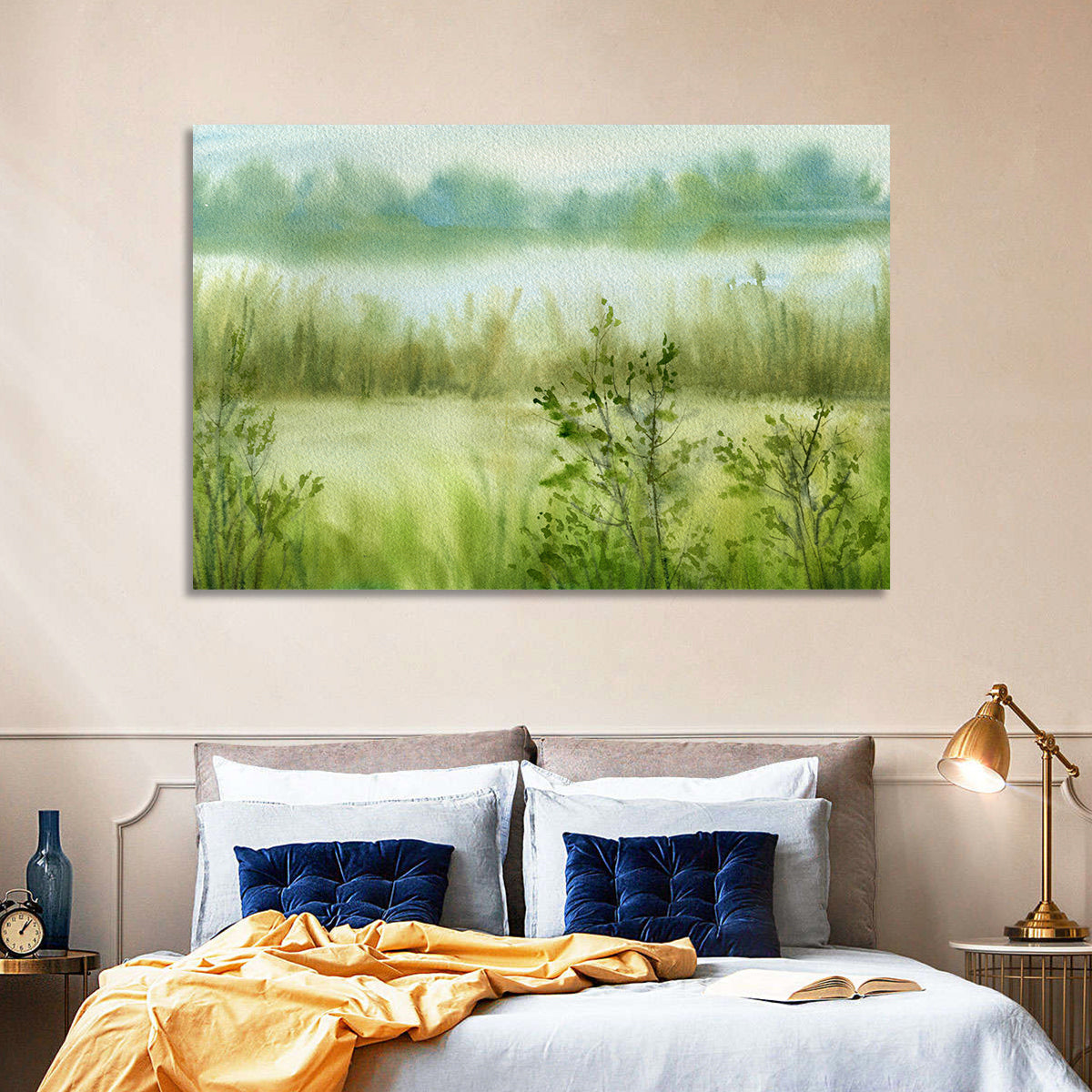 Misty River Meadow Watercolor Wall Art