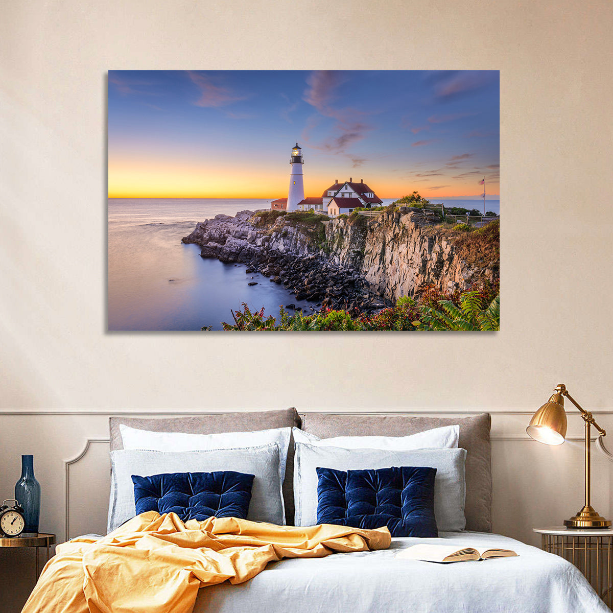 Portland Head Light at Dusk Wall Art in a room, landscape