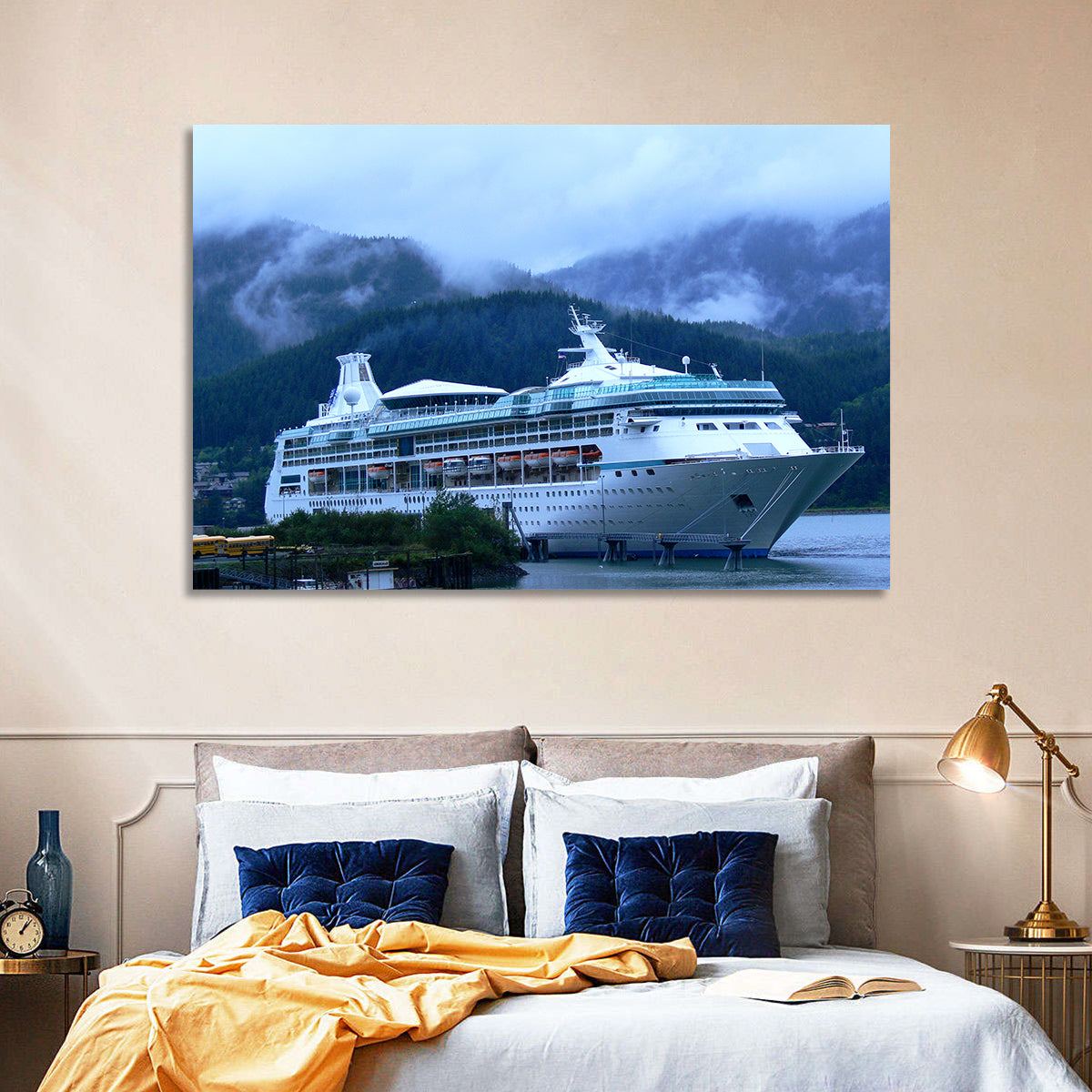 Misty Docked Cruise Ship Wall Art in a room, landscape