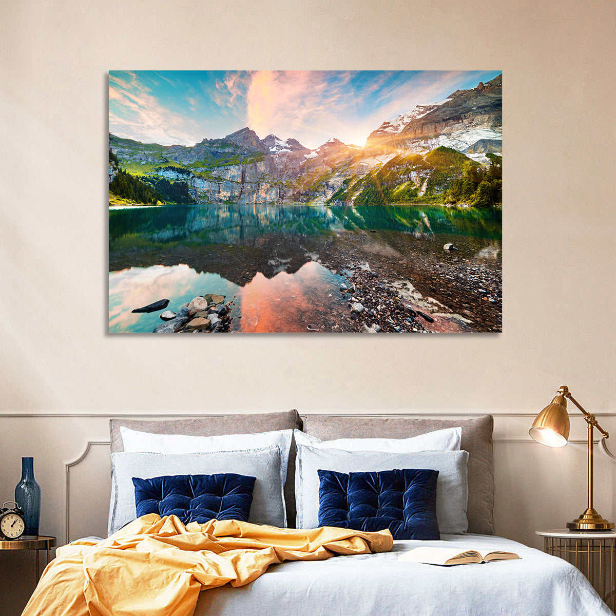 Oeschinensee Reflection Wall Art in a room, landscape