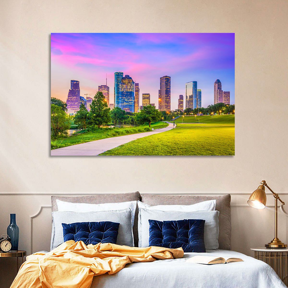 Houston Skyline at Dusk Wall Art in a room, landscape