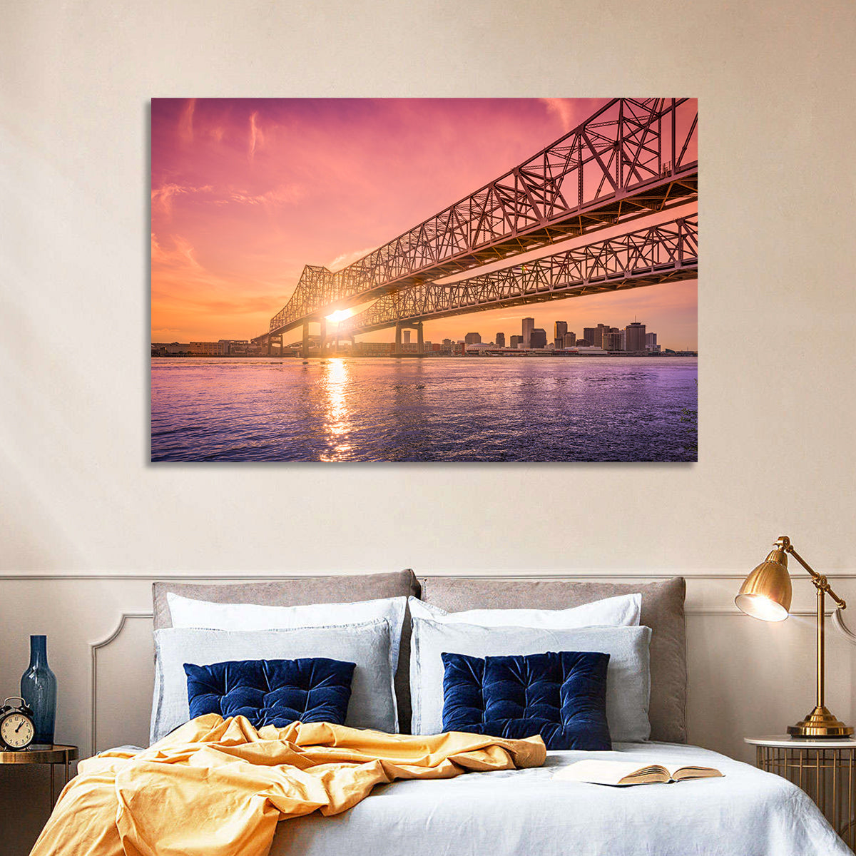 Crescent City Connection at Sunset Wall Art in a room, landscape