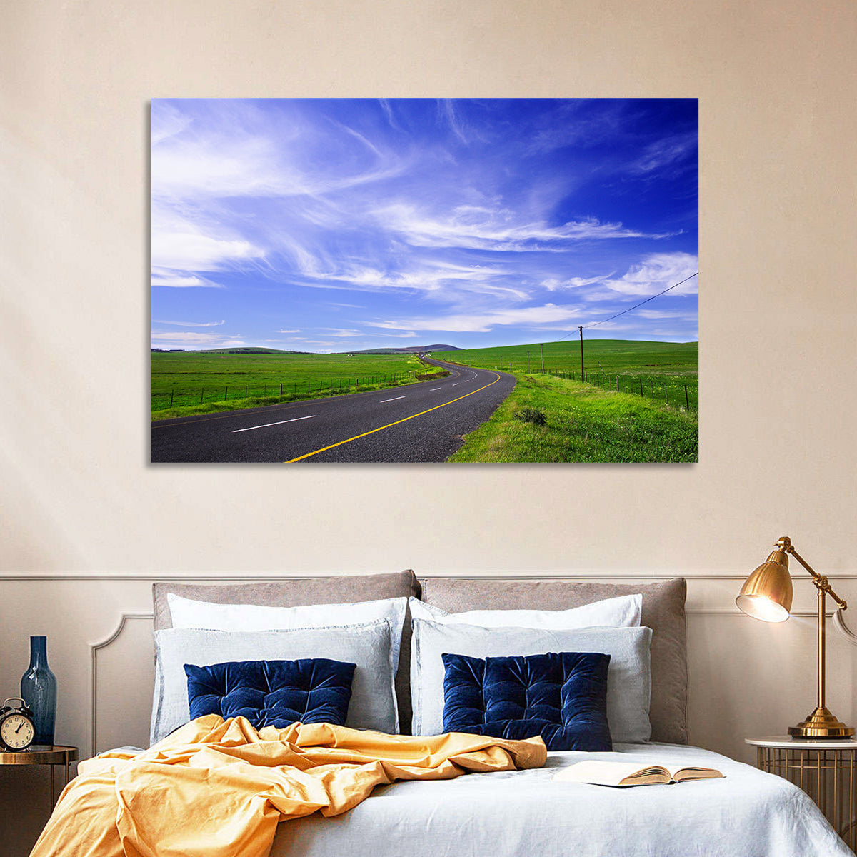 Winding Country Road in Green Fields Wall Art in a room, landscape