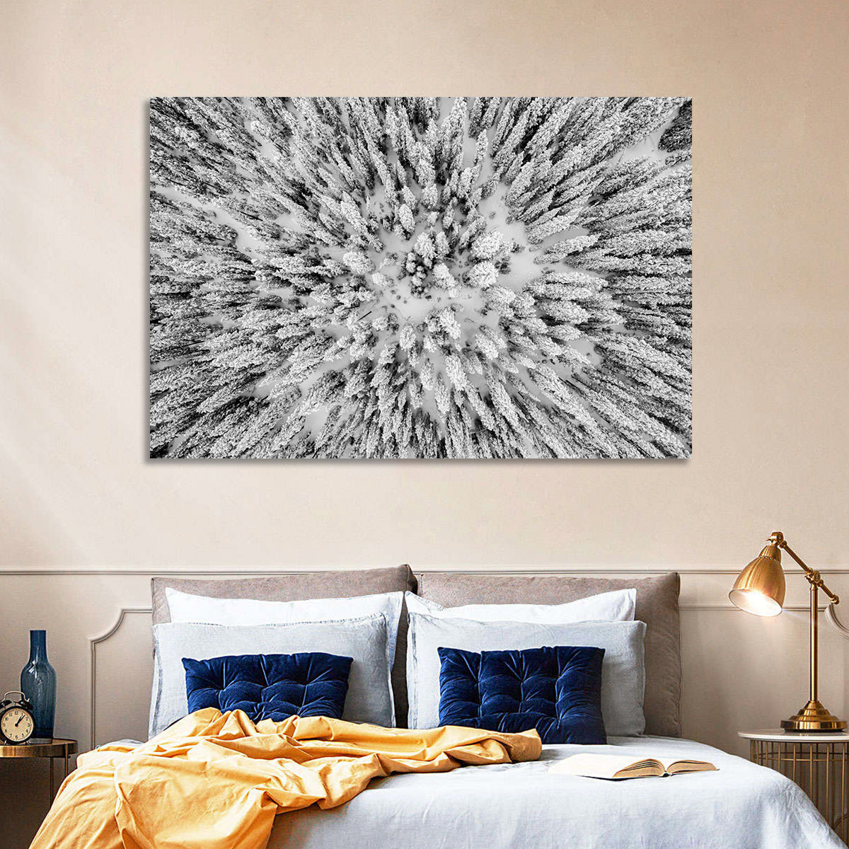Snowy Aerial Forest Wall Art in a room, landscape