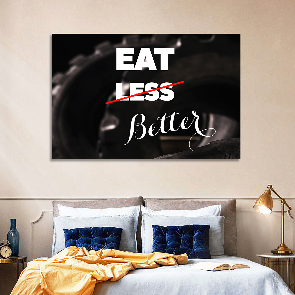 Eat Less, Better Motivation Quote Wall Art in a room, landscape