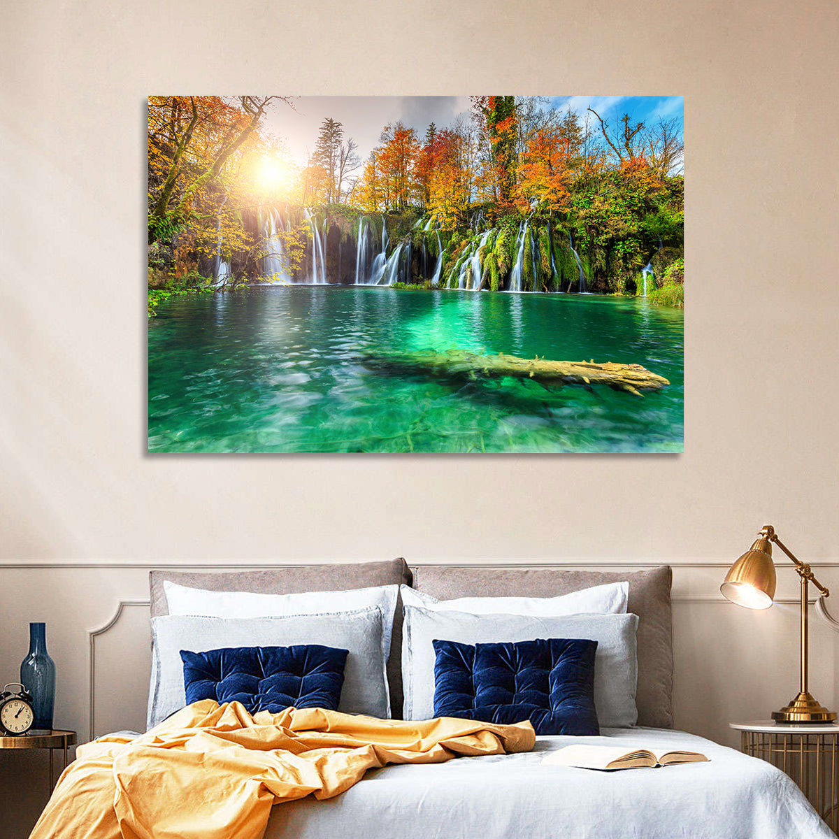 Autumn Waterfalls at Plitvice Lakes Wall Art in a room, landscape
