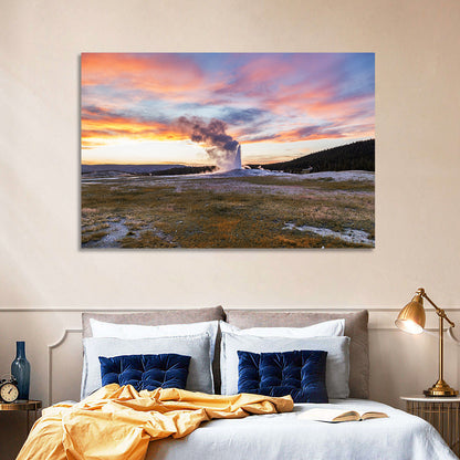 Old Faithful Erupting at Sunset Wall Art