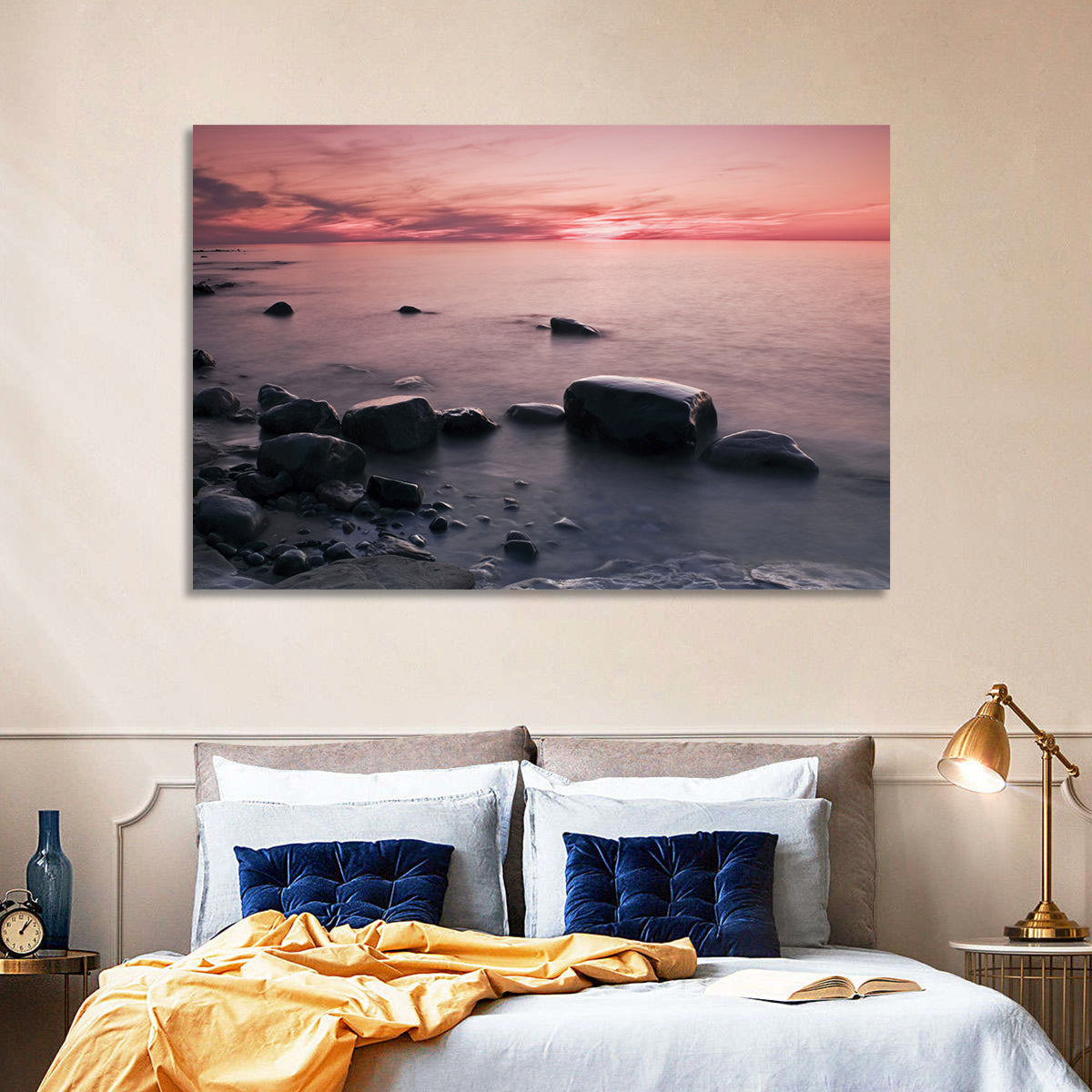 Pink Dusk Lakeshore with Silhouetted Rocks Wall Art