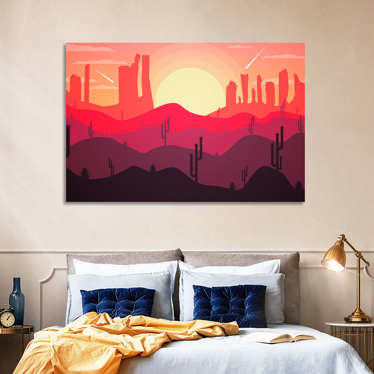 Sunset Desert Cacti Wall Art in a room, landscape