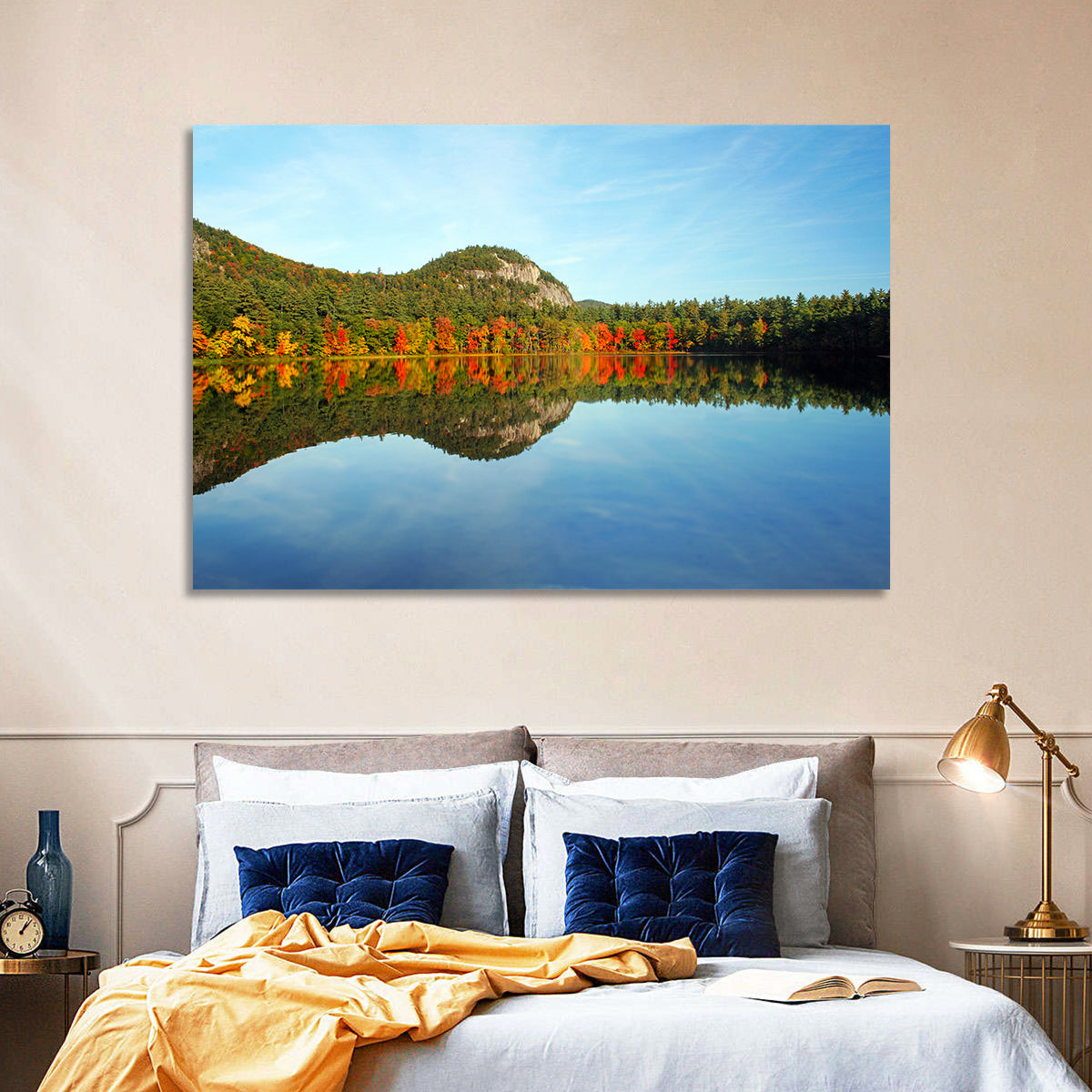 Echo Lake Autumn Reflection Wall Art in a room, landscape