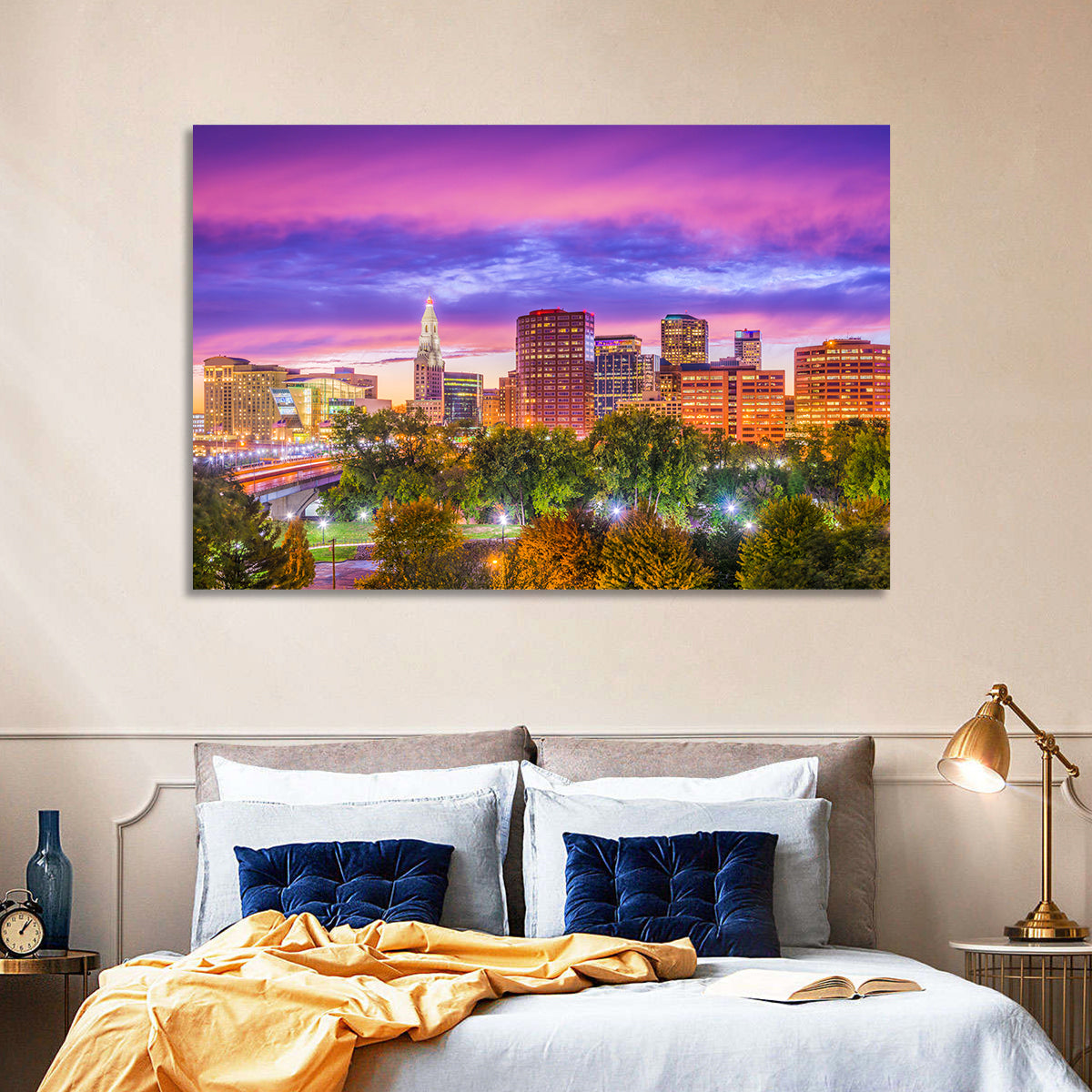 Hartford Skyline at Dusk Wall Art in a room, landscape