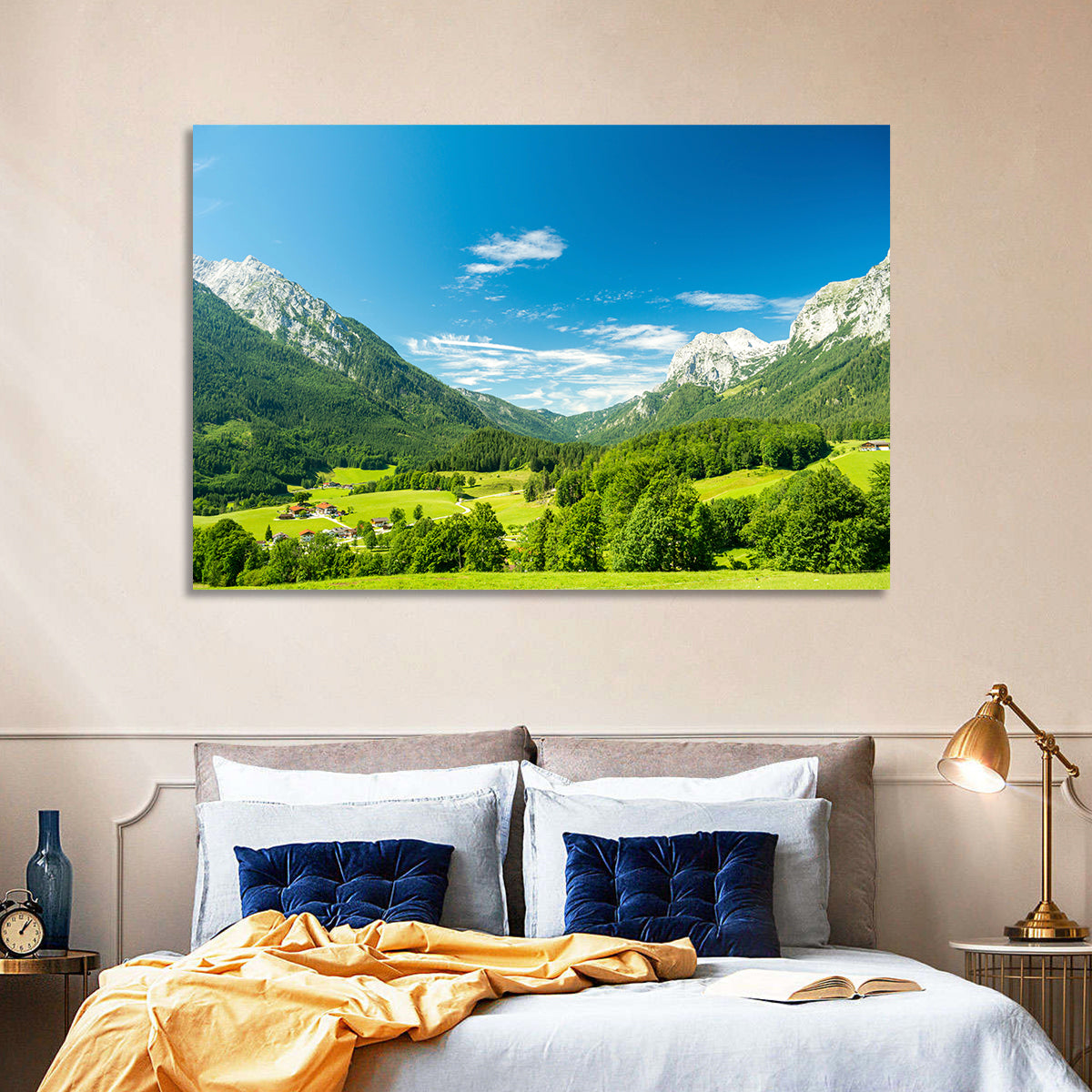 Bavarian Alpine Valley Wall Art in a room, landscape