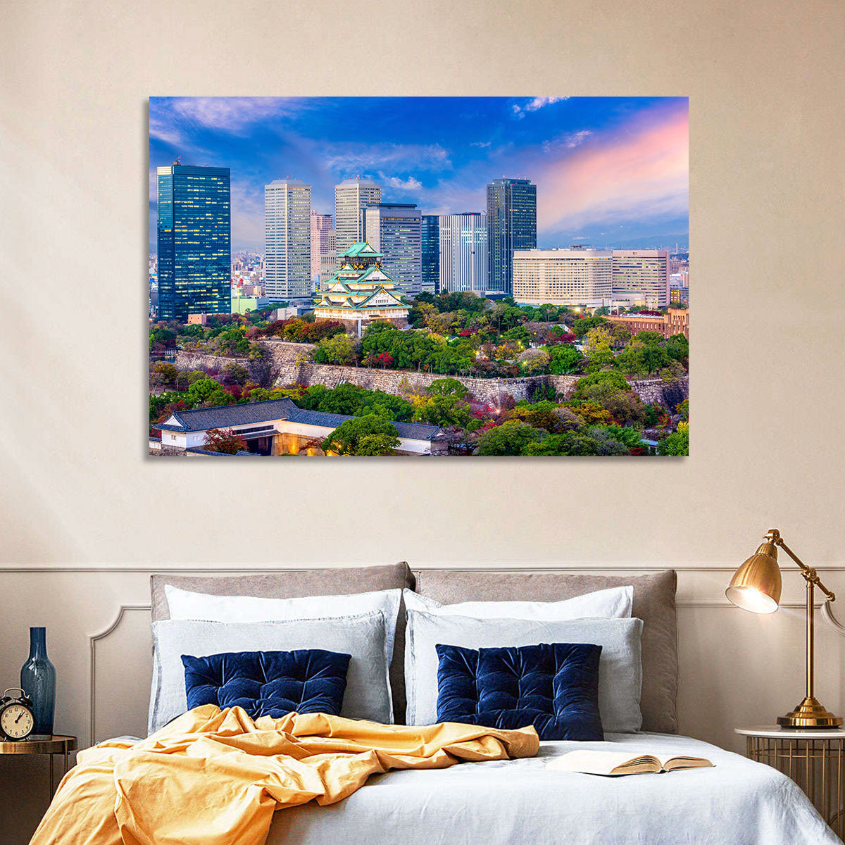 Osaka Castle Skyline at Dusk Wall Art in a room, landscape