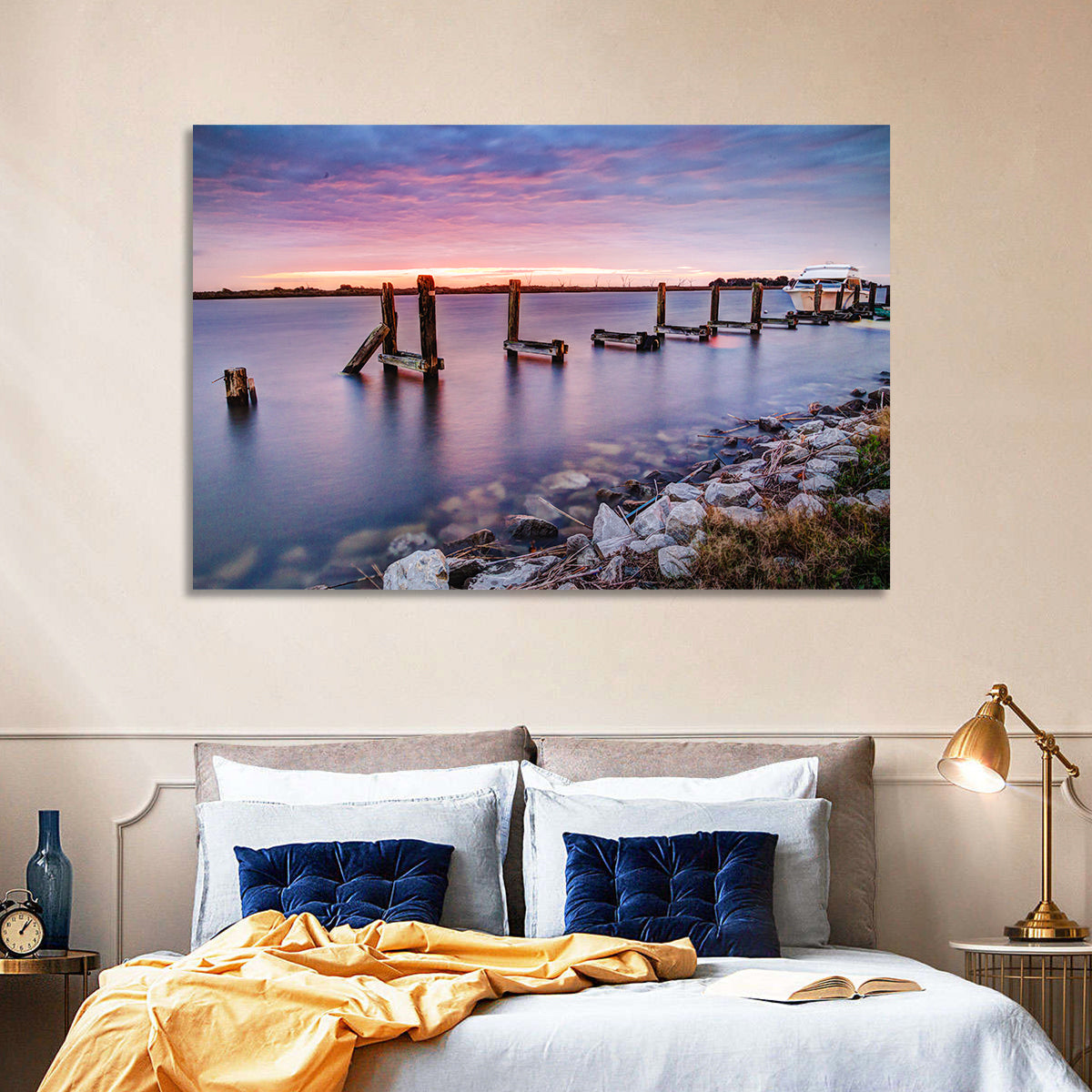 Bayou Lafourche Dock Sunrise Wall Art in a room, landscape