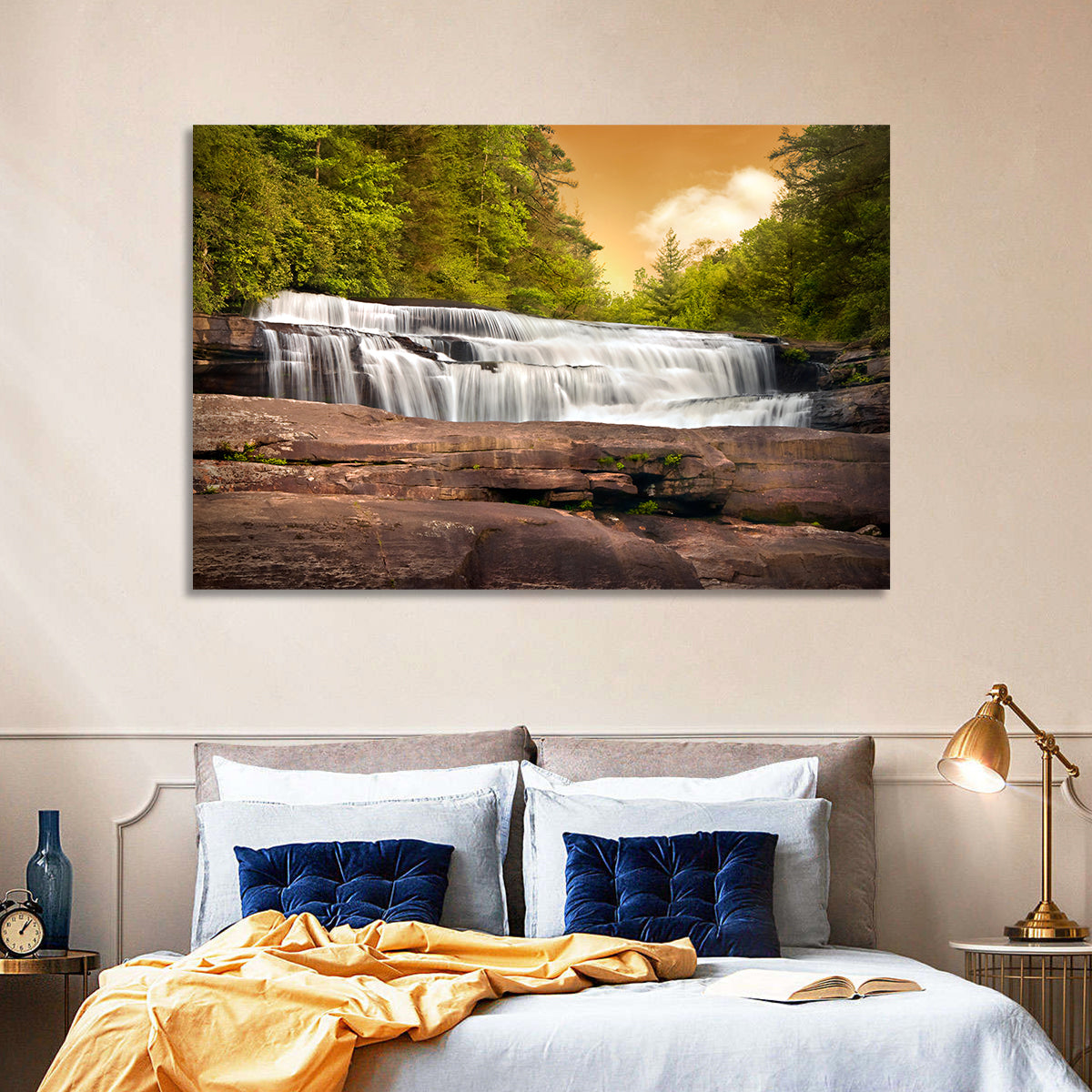 Blue Ridge Waterfall at Golden Hour Wall Art in a room, landscape