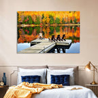 Autumn Lake Dock with Adirondack Chairs Wall Art