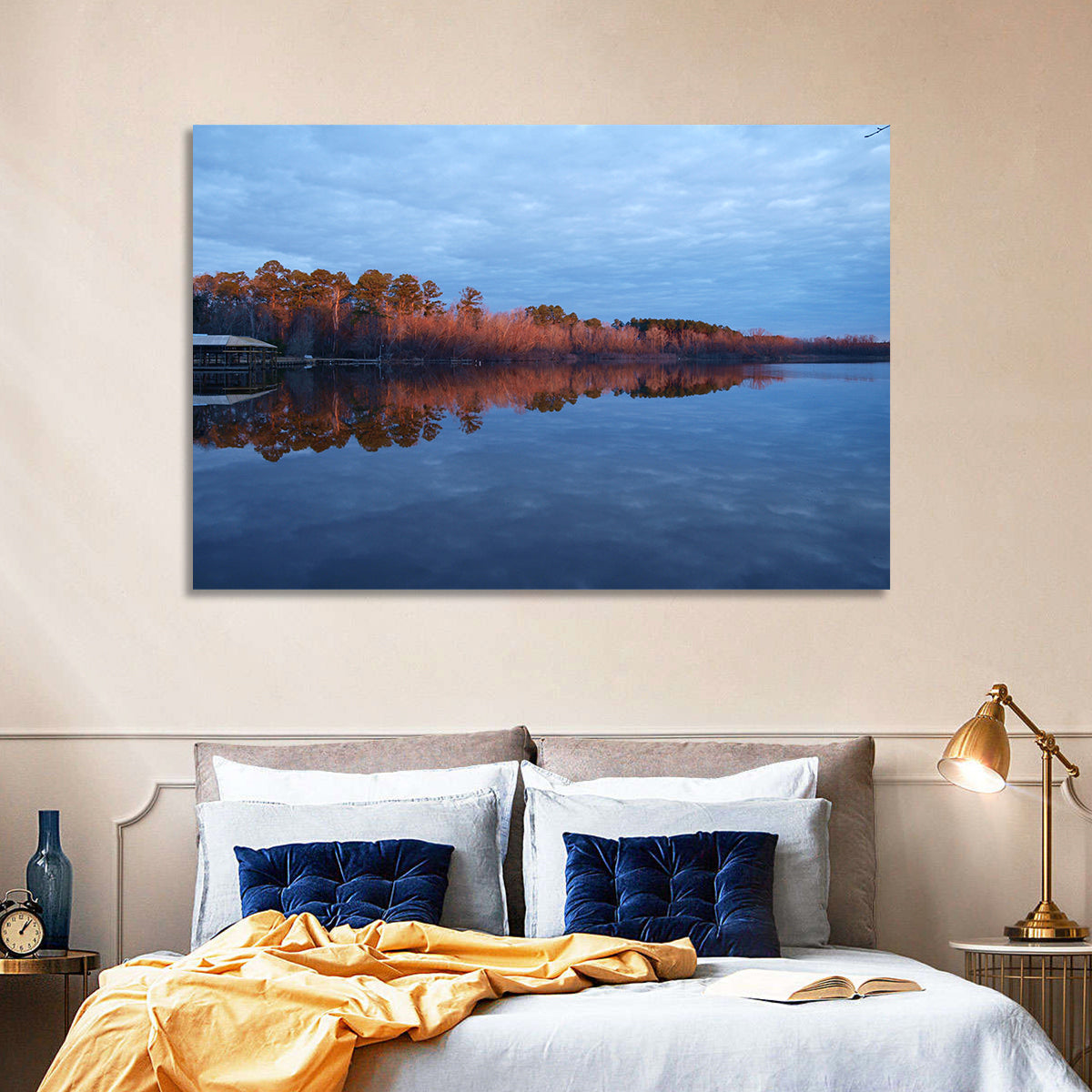 Lake Livingston Pier at Golden Hour Wall Art in a room, landscape